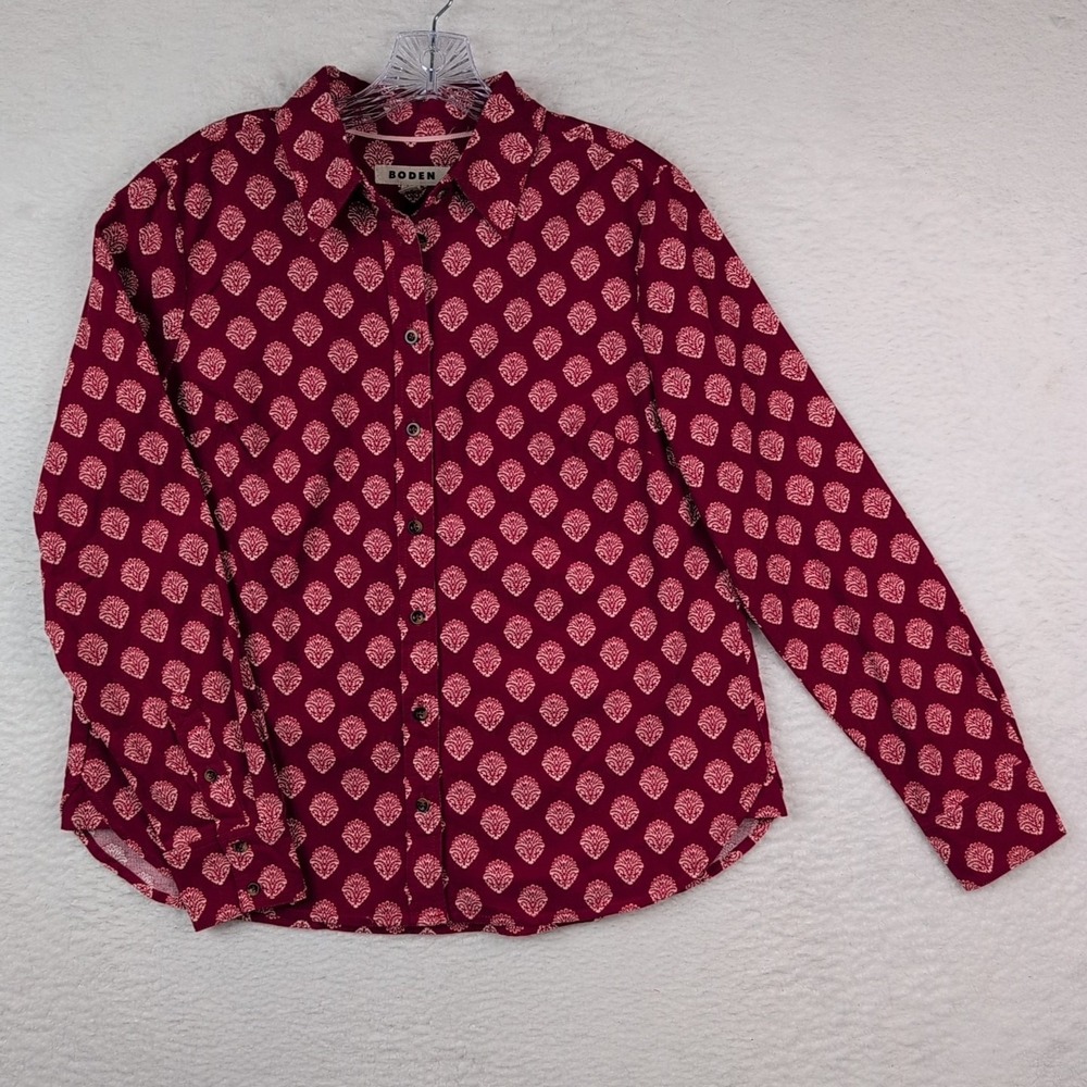Boden Sienna Cord Shirt Women's 10 Rythmic Red Ornate Stamp AOP Button Up